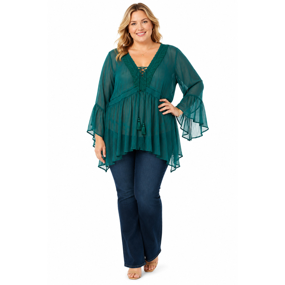 Torrid Sheer Green Whimsigoth Metallic Stripe Crochet Trim Top Bell Sleeve 3X